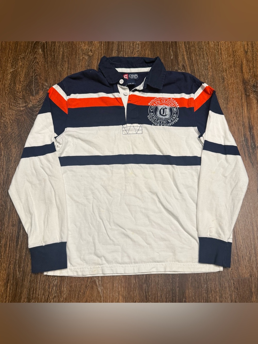 Y2K Chaps Striped Big Logo Long Sleeve Preppy Polo Shirt Sz. L(14-16)